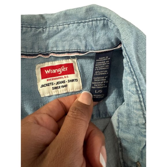 WRANGLER WESTERN PEARL SNAP LONG SLEEVE‎ SHIRT BLUE MEN'S LARGE | T1 - Picture 6 of 8